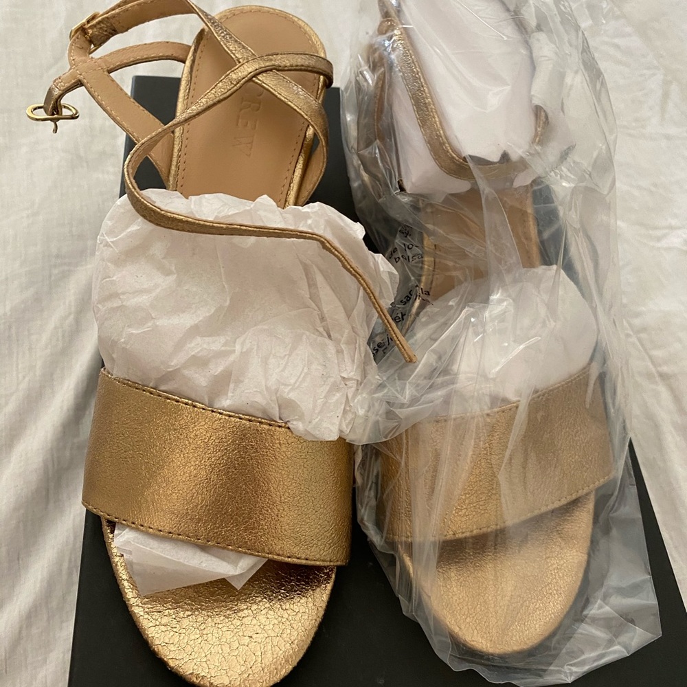NWT J. Crew Gold wide strap block heel sandal